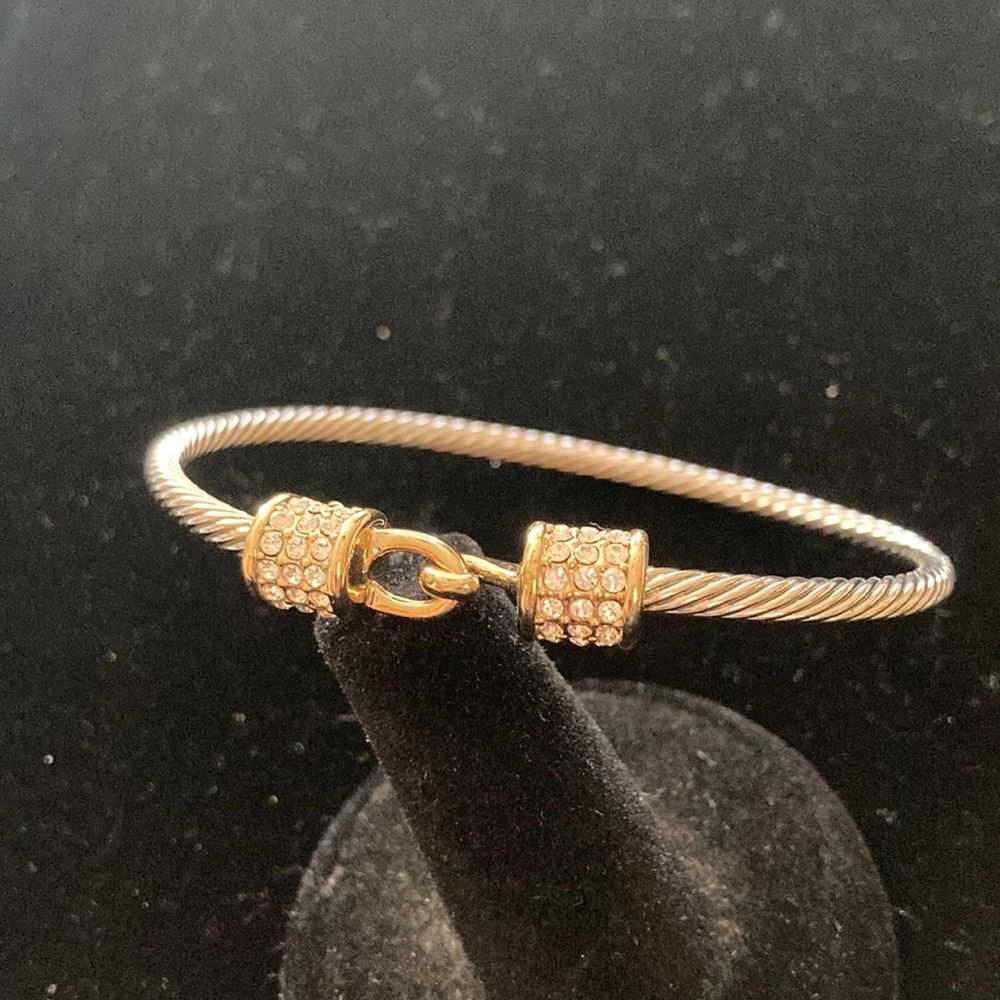 Silver and Gold Cable Bracelet with Rhinestones and a Hook Clasp